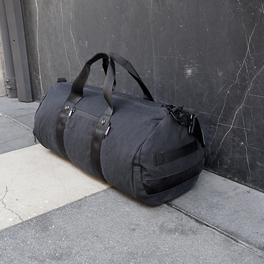 Waxed Canvas Duffle Bag - Black with Black Leather