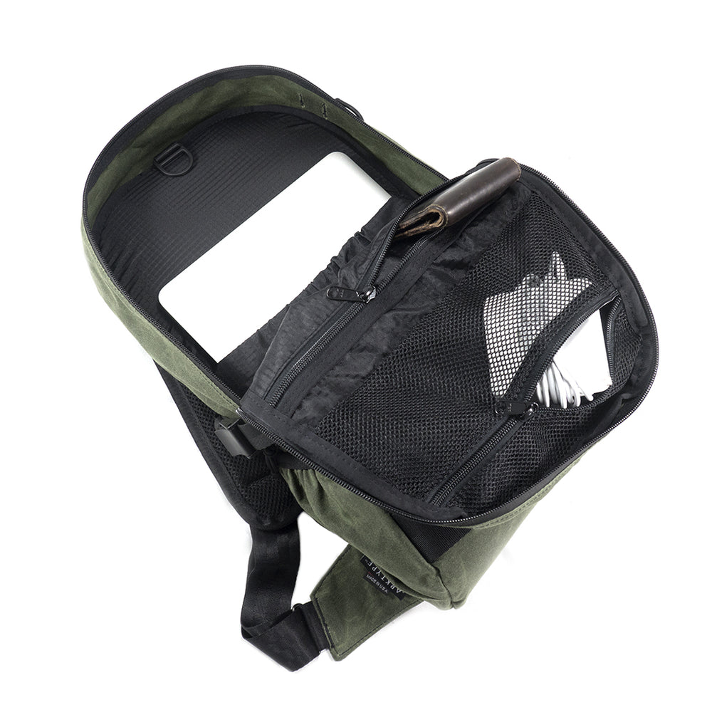 ARKTYPE Dashpack Backpack - Olive Drab Waxed Canvas - Open